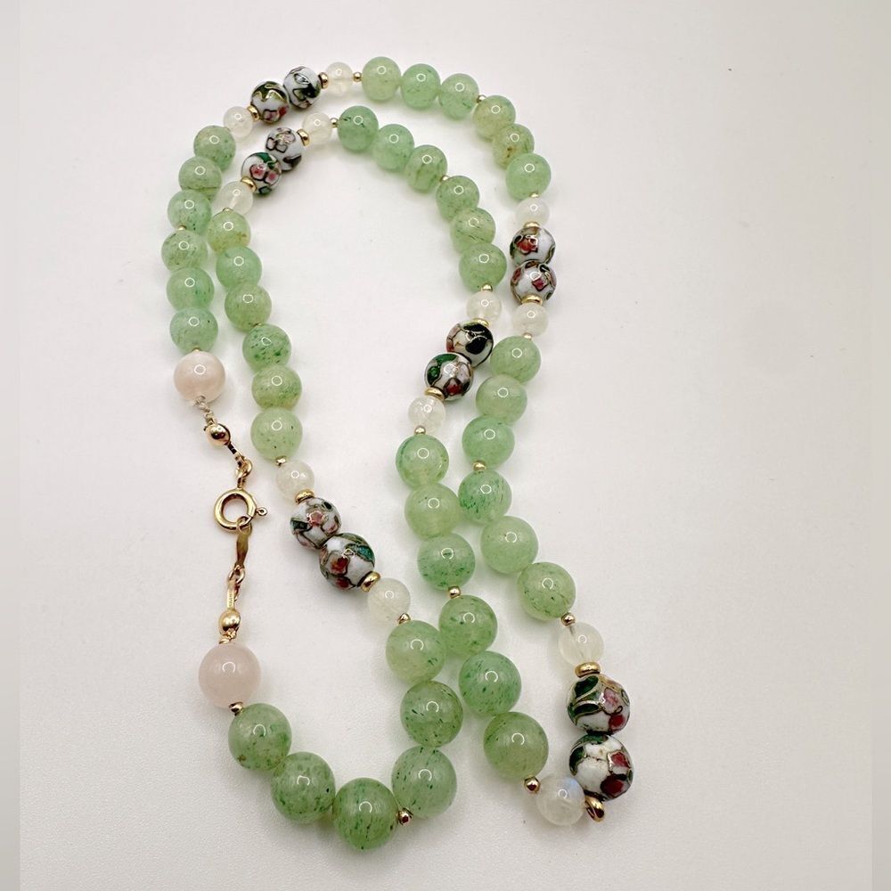 ESTATE PIECE! 14k yellow gold, jadeite, moonstone, rose quartz 24” necklace!